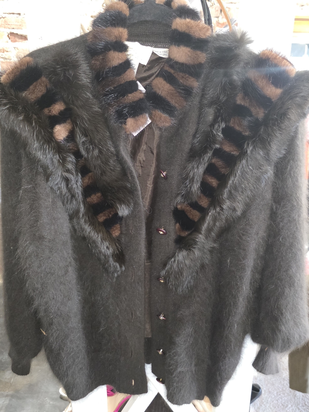 Women's Brown Angora Rabbit-Fur Trim Sweater Cardigan